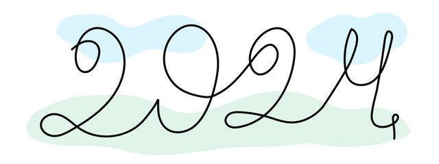 2024 one line lettering, hand drawn continuous path with clouds and tender grass.