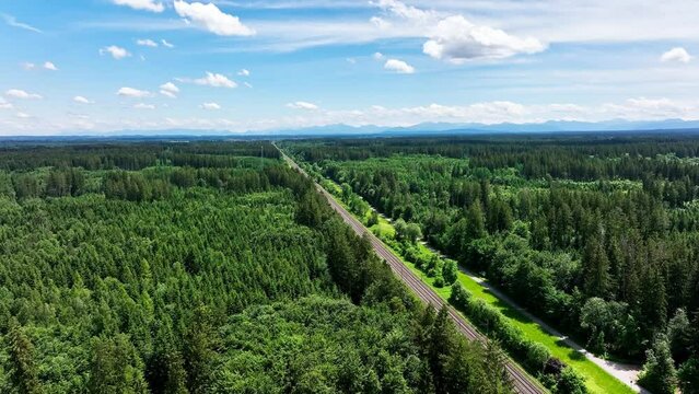 Straight rails leading to the horizon behind a big green forest in mountain range, aerial footage in 4k, rising up slowly.