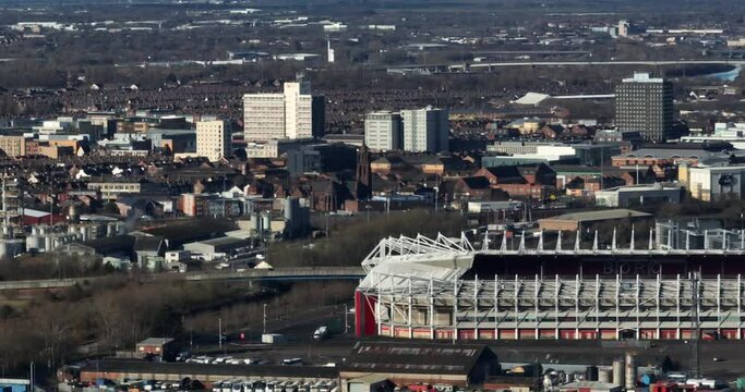 Teesside Middlesbrough football club fc boro, aerial drone zoom fast pan left to right - clip 1 aerial drone prores