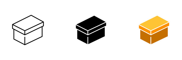 A cardboard box sealed with packing tape. This box is durable and can be used for shipping or storage. Vector set of icons in line, black and colorful styles isolated.