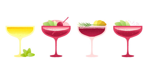 Margarita dessert glass set. Alcohol drink with berries and mint. Red cocktail for event and celebration. Flat vector illustration with texture and gradient