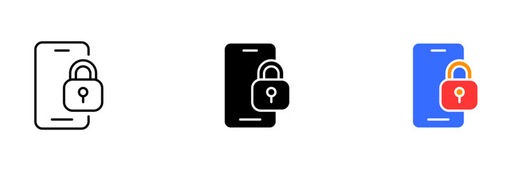 A smartphone with a lock symbol indicating that it is currently locked or secure. Vector set of icons in line, black and colorful styles isolated