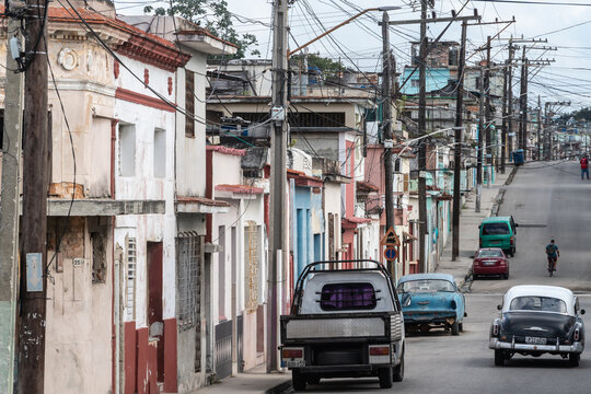 A jungle of telephone lines in a street behind the docks, Regla, Havana