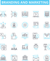 Branding and marketing vector line icons set. Branding, marketing, advertising, promotion, visibility, awareness, storytelling illustration outline concept symbols and signs