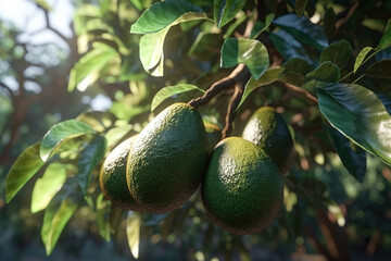 Avocados hanging, growing on a tree, close-up. Green fruits of avocado on the tree with leafs, sunlight, AI generative