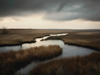 Marsh landscape in the morning with mist and fog over the meadows and water areas