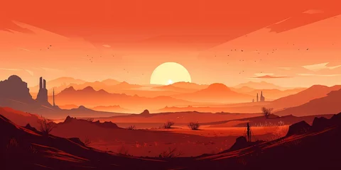 Zelfklevend Fotobehang Panoramic view of red rocky desert landscape shrouded in mist at sunset, Generative AI © Oleksii