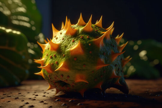 Exotic fruit kiwano close-up Cucumis metuliferus, African horned cucumber, sunlight, AI Generative..