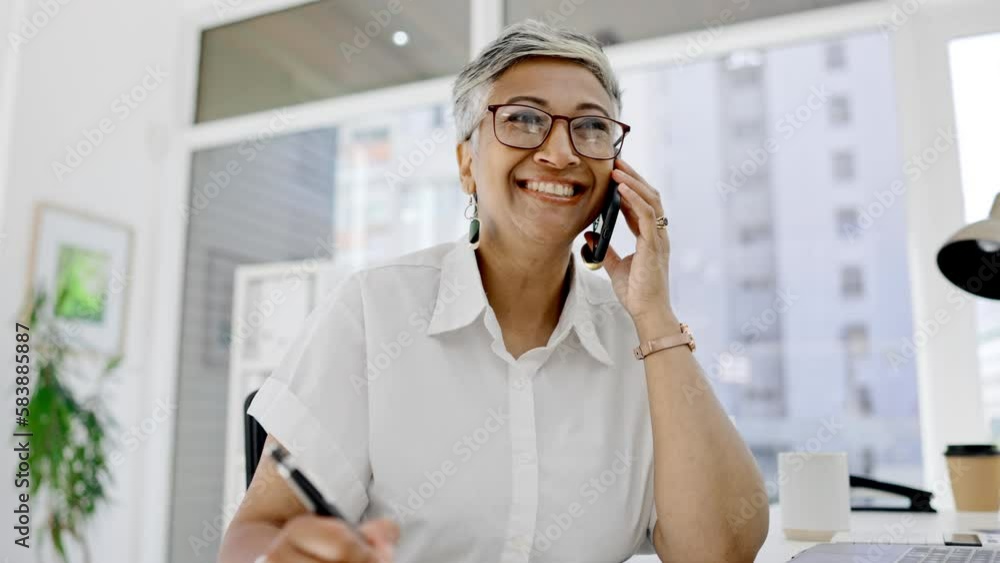 Aufkleber writing, phone call and laughing of woman in office for networking, schedule and communication. talk