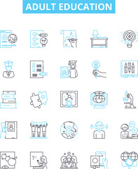 Adult education vector line icons set. Adult, Education, Learning, Instruction, Training, Literacy, Courses illustration outline concept symbols and signs