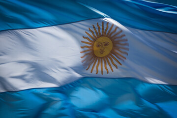 Flag of Argentina Republic Closeup Shot Waving Quickly, Sun Light Blue and White Colors
