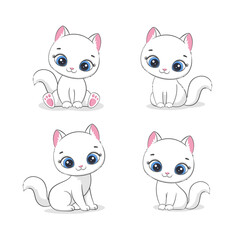 Set of Cute white kittens. Vector illustration for baby shower, greeting card, party invitation, fashion clothes t-shirt print.