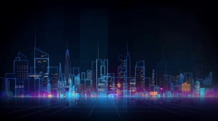 Fototapeta premium Vector illustration urban architecture, cityscape with space and neon light effect. Modern hi-tech, science, futuristic technology concept. Abstract digital high tech city design for banner background