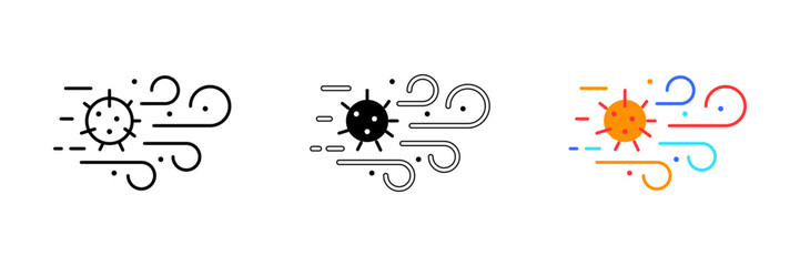 A vector illustration of a virus particle suspended in the air, represented by motion lines and swirls around it. Vector set of icons in line, black and colorful styles isolated.