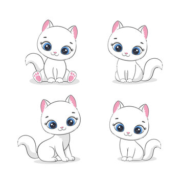 Set of Cute white kittens. Vector illustration for baby shower, greeting card, party invitation, fashion clothes t-shirt print.