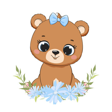 Cute baby girl bear with flowers and bow. vector illustration in cartoon style.