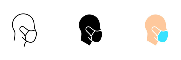 A person wearing a medical mask. Vector set of icons in line, black and colorful styles isolated.