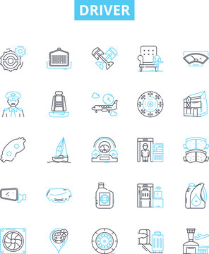 Driver vector line icons set. Driver, Chauffeur, Courier, Pilot, Operator, Conductor, Navigator illustration outline concept symbols and signs