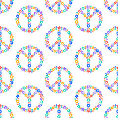 Seamless pattern with colorful peace symbols with flowers