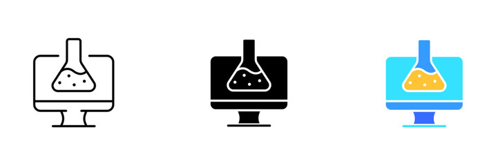 An illustration of a flask or beaker with liquid on a background of a computer monitor. Vector set of icons in line, black and colorful styles isolated.