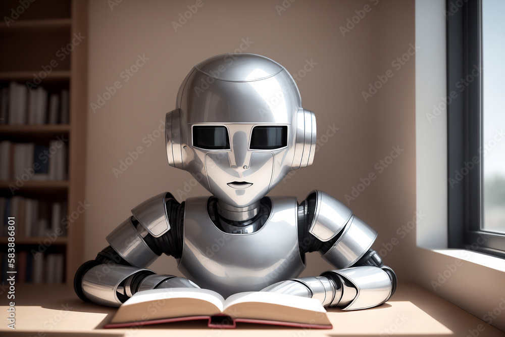 Aufkleber an antropomothic robot android reading a book, concept of machine learning. ai generative