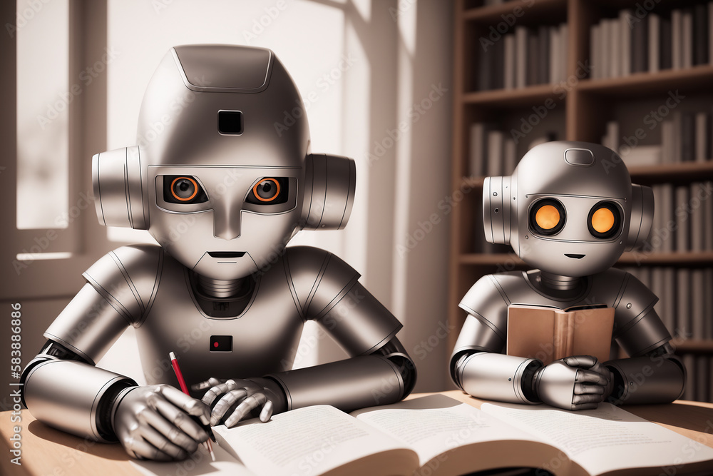 Aufkleber an antropomothic robot android doing home task, concept of machine learning. ai generative