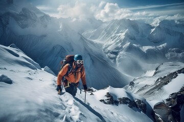 Naklejka na ściany i meble Climber Navigating Annapurna, Skillful Use of Ice Axe, Crampons, Breathtaking Himalayas, Generative AI