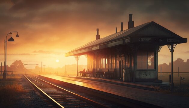 Train stop at railway station in sunset, generative ai