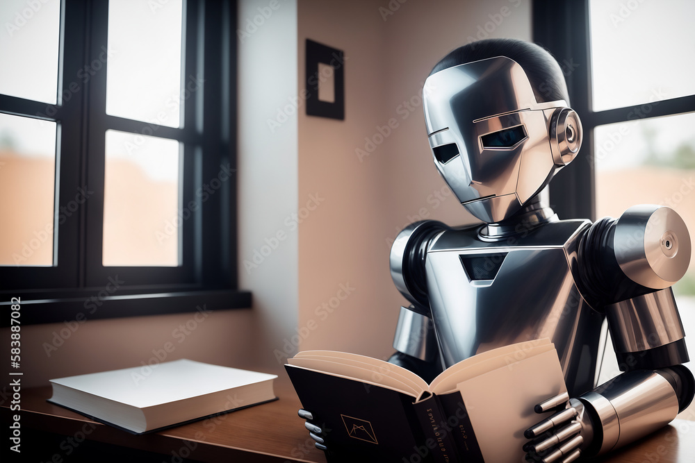 Aufkleber an antropomothic robot android reading a book, concept of machine learning. ai generative