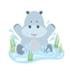 Vector cute hippo jumping into the pond with splashing of water, isolated vector hippo on white background, flat design and color, child cartoon.