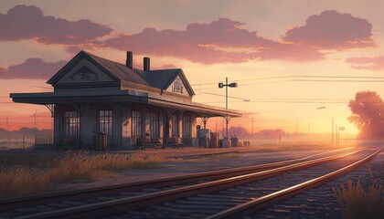 Train stop at railway station in sunset, generative ai