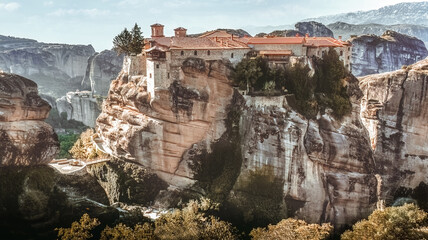 The unique Holy Meteora Monasteries near Kalambaka village Thessaly Greece alternative tourism .