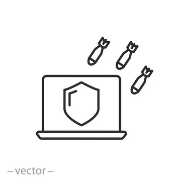 protection against ddos attacks icon, malware protect, computer with shield, thin line symbol on white background - editable stroke vector illustration eps10