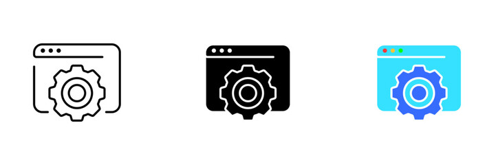 A modern and professional website icon with a gear graphic, representing web development, design, and customization. Vector set of icons in line, black and colorful styles isolated.
