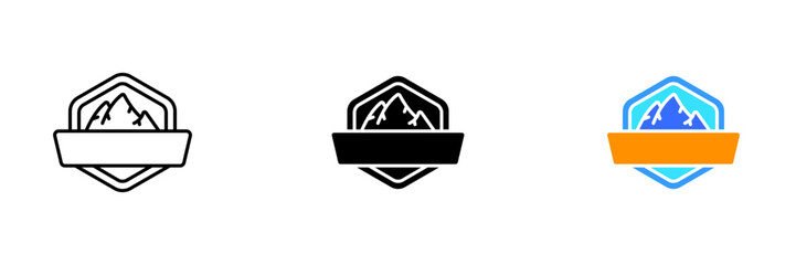An icon of a shield with a mountain graphic, representing strength, protection, and endurance. Vector set of icons in line, black and colorful styles isolated.