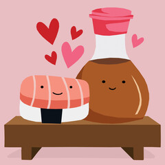Sushi and soy sauce on the table. Vector illustration in cartoon style