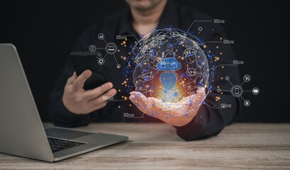 AI Chat technology concept : Man using smart robot AI to enter command prompt for generates...