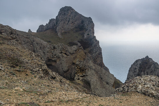 Landscape of Karadag Reserve in spring. View of rocks of ridge Karagach. Crimea