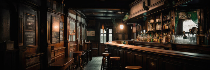 Old bar scene. Traditional or British style bar or pub interior, with wooden paneling and countertops. Historic atmosphere. Generative AI.
