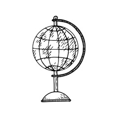 Globe line art. World map. Geography lesson. Hand drawn doodle vector illustration.