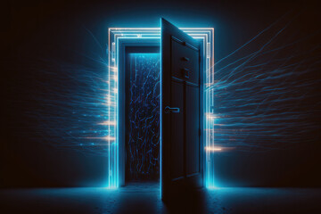 Door to cyberspace, colored neon lines on a black background. AI generative.