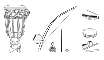 Set of outline drawings of musical instruments used in Brazilian sport music called Capoeira atabaque, berimbau, caxixi, agogo, pandeiro and reco-reco. Vector illustration used on white background.
