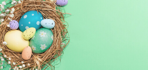 Fototapeta na wymiar Easter banner on a green background. Bird's nest with Easter eggs. Happy Easter