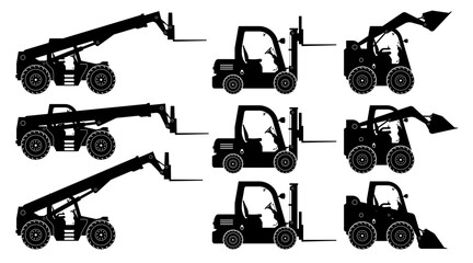 Telescopic handler, Forklift, Skid steer loader silhouette on white background. Construction and agricultural vehicle icons set view from side.