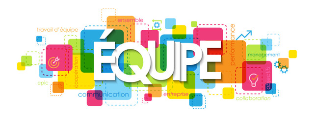 Bannière colorée vecteur EQUIPE avec mots clés et icônes