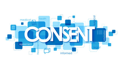 CONSENT typography on blue square with icons and keywords