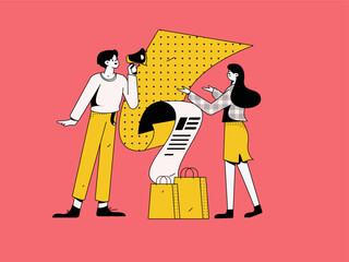 Festival shopping for e-commerce online shopping people holding flat arrow volume concept operation hand-drawn illustration
