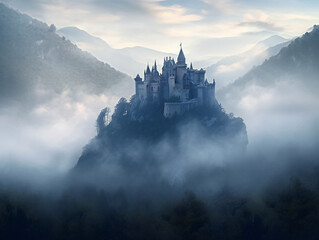 serene foggy castle, beautiful fantasy landscape, medieval fortress in mist, generative AI
