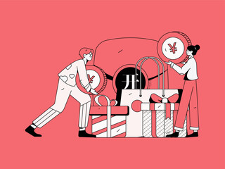 Festival shopping for e-commerce online shopping people holding flat arrow volume concept operation hand-drawn illustration
