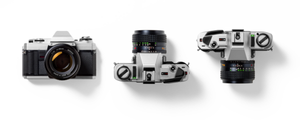 Top view of 35mm film camera, analog vintage classic retro style, isolated on a transparent background, PNG. High resolution.